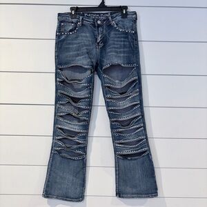 Platinum Plush Rhinestone Slashed Jeans Y2K Bling Glam Concert Bootcut 2000s 11